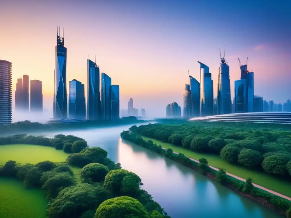 Horizonte urbano moderno: arquitectura sostenible en 8k Un horizonte urbano futurista con rascacielos y naturaleza, reflejando el atardecer