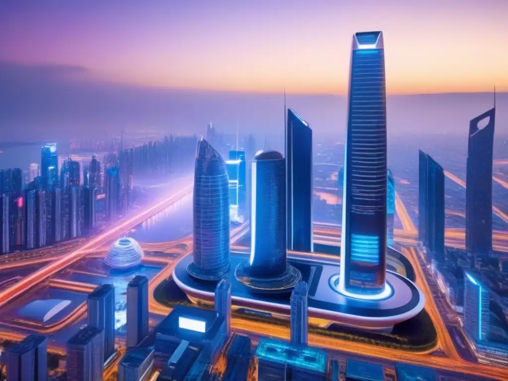 Metrópolis futurista: rascacielos luminosos y transporte avanzado Horizonte urbano futurista al anochecer con rascacielos brillantes y luces neón, tecnología en inversión inmobiliaria futura
