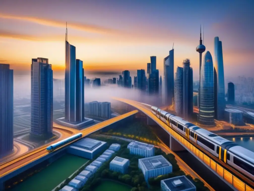 Horizonte urbano futurista: inversión inmobiliaria global al atardecer Un horizonte urbano futurista con rascacielos modernos reflejando el atardecer dorado