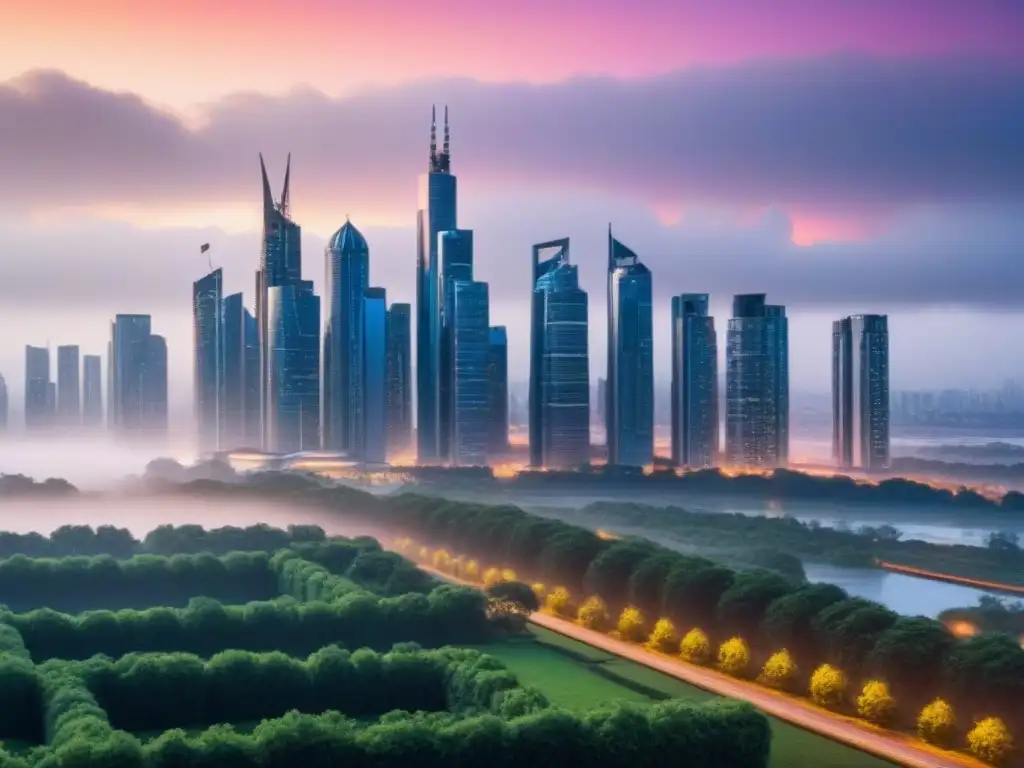 Horizonte urbano futurista: arquitectura moderna y naturaleza en armonía Un horizonte urbano futurista con rascacielos modernos y áreas verdes, simbolizando innovación en las leyes inmobiliarias internacionales