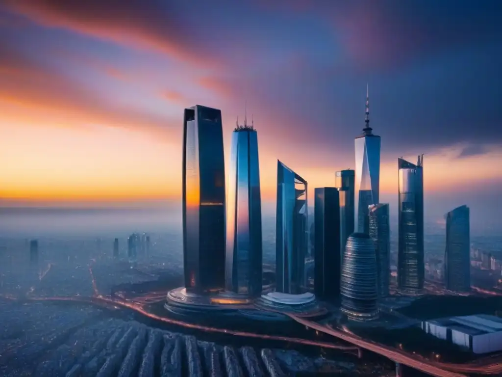 Horizonte urbano futurista: innovación inmobiliaria ante Brexit Horizonte urbano futurista con rascacielos modernos reflejando el atardecer dorado, simbolizando la influencia del Brexit en el mercado inmobiliario
