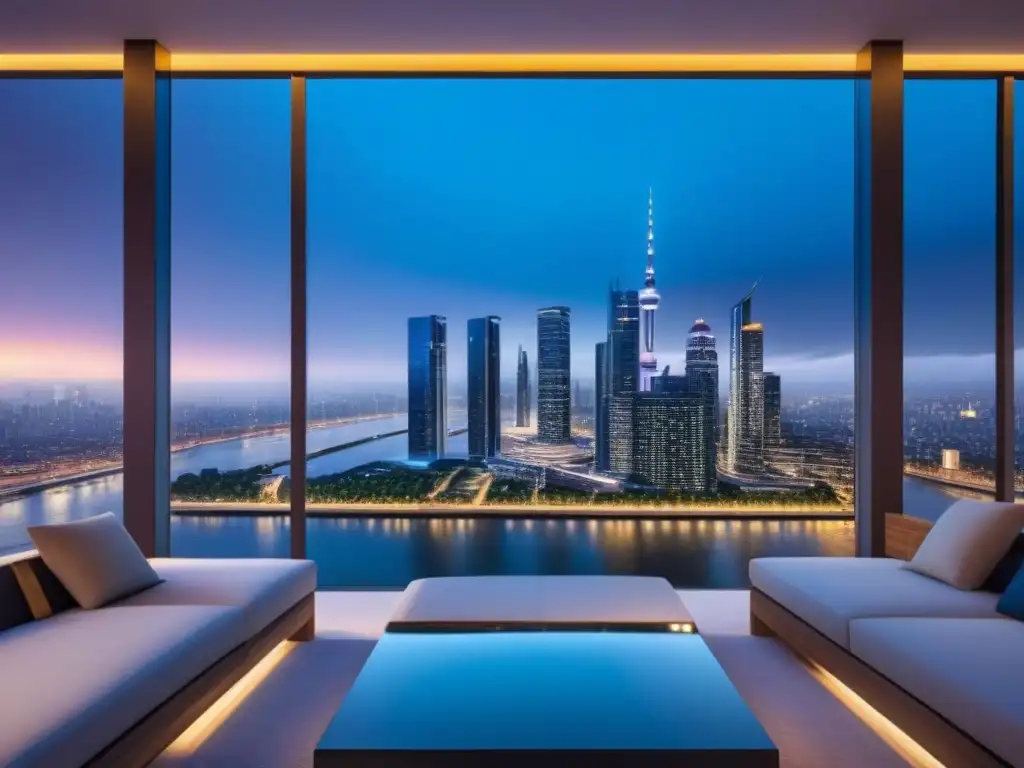 Metrópolis futurista: rascacielos brillantes en el atardecer Horizonte urbano futurista al anochecer con rascacielos iluminados y un río reflectante, simbolizando regulaciones uso suelo mercado inmobiliario