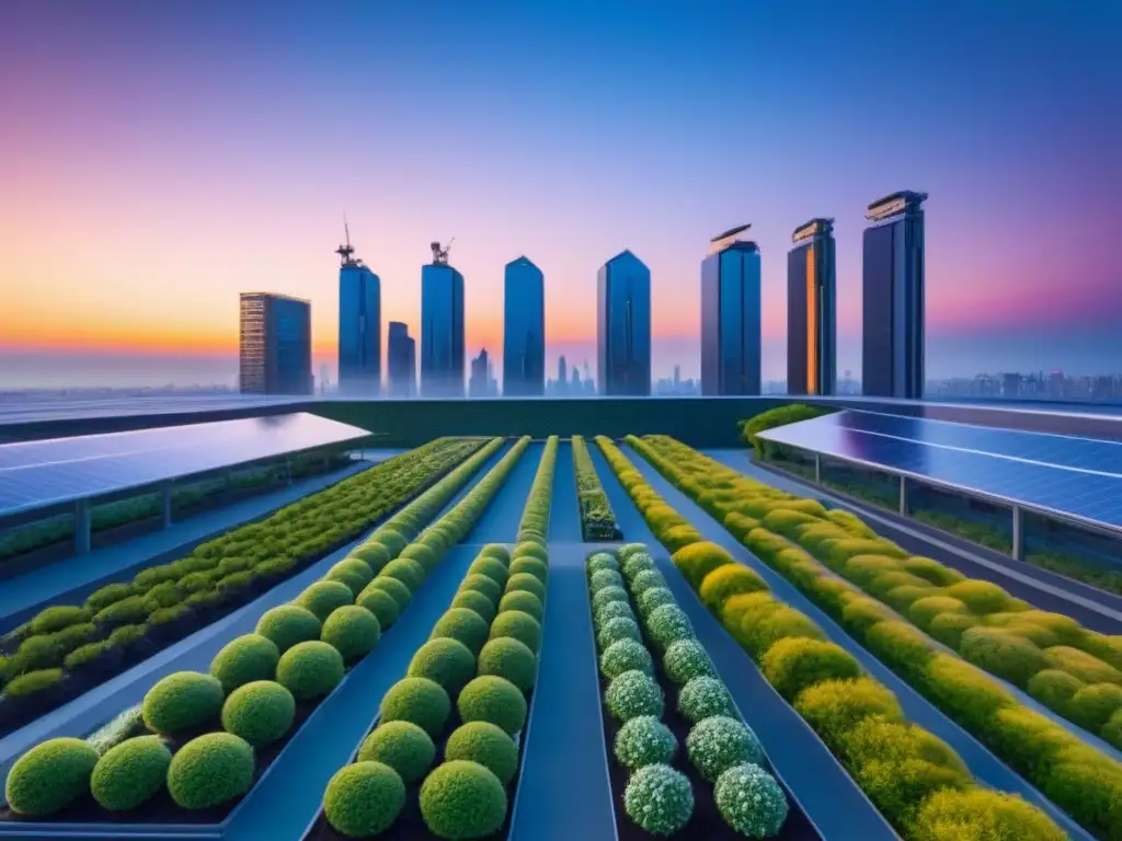 Skyline futurista: rascacielos sostenibles en atardecer vibrante Horizonte urbano futurista con rascacielos sostenibles, jardines verticales y energía renovable al atardecer