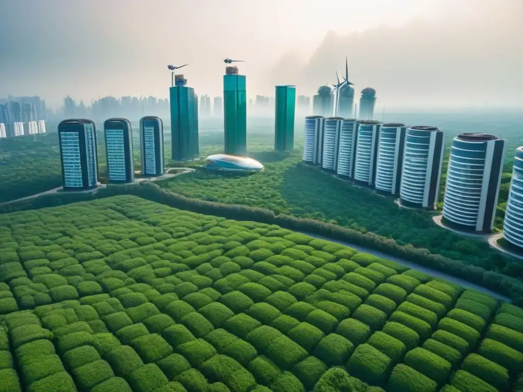 Skyline futurista: ecoedificios verdes y sostenibles Un horizonte urbano futurista con rascacielos ecológicos integrados con vegetación exuberante, paneles solares y turbinas eólicas