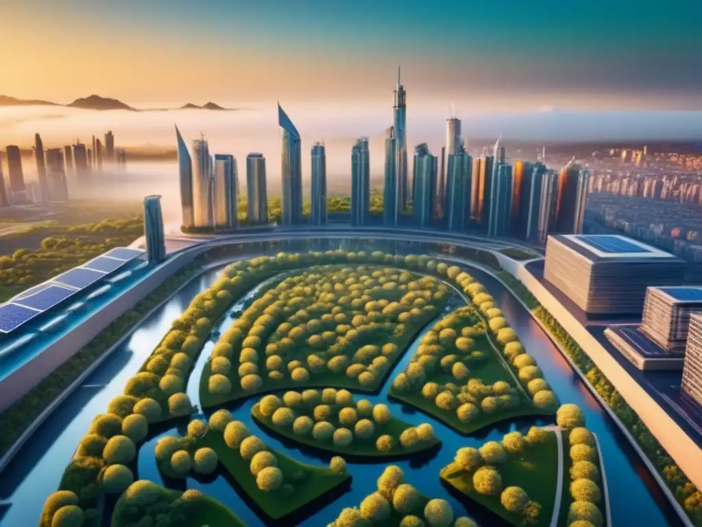 Horizonte futurista ecoamigable en 8k: ciudades sostenibles al atardecer Un horizonte urbano futurista con rascacielos sostenibles cubiertos de vegetación, mostrando tecnologías verdes al atardecer