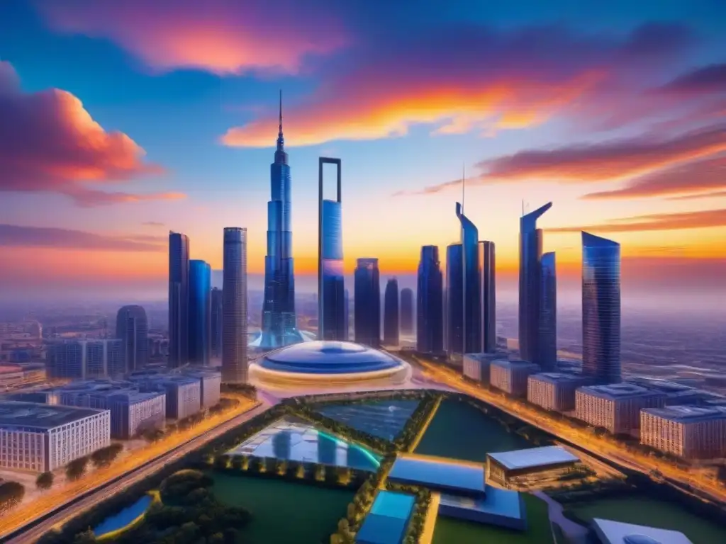 Horizonte urbano futurista: innovación arquitectónica y vida vibrante Un horizonte urbano futurista con rascacielos elegantes y altos reflejando los tonos vibrantes de un cielo al atardecer
