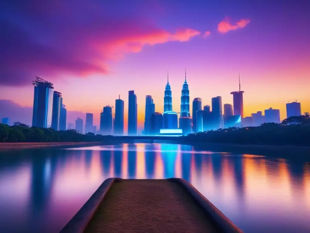 Horizonte futurista al atardecer: luces neón y progreso Horizonte urbano futurista al anochecer con rascacielos iluminados y río sereno