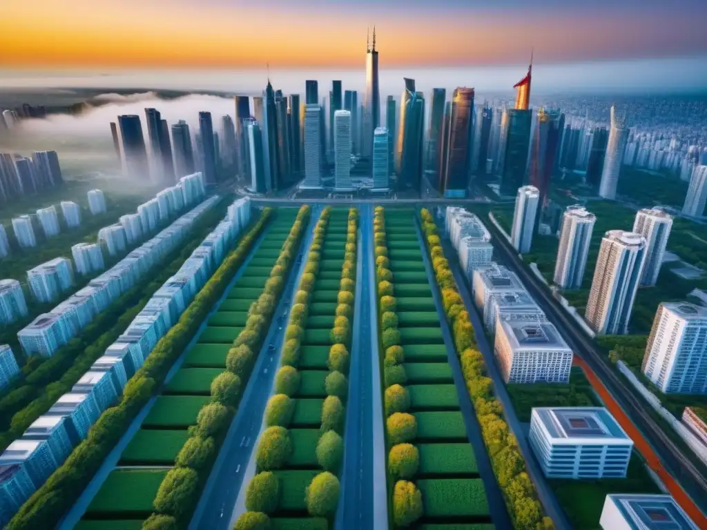 Metrópolis futurista: luces doradas del atardecer Un horizonte urbano futurista con rascacielos relucientes bajo el sol poniente, reflejando tonos dorados