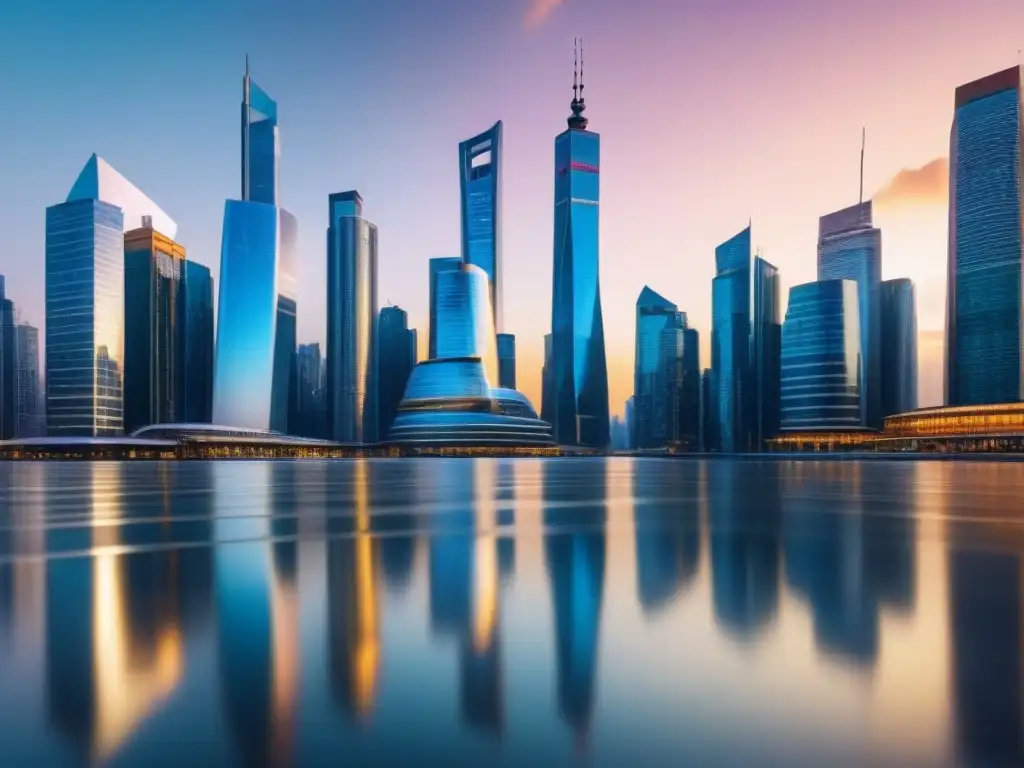 Un horizonte urbano futurista con rascacielos reflejando fluctuaciones cambiarias en mercado inmobiliario, iluminado por el atardecer