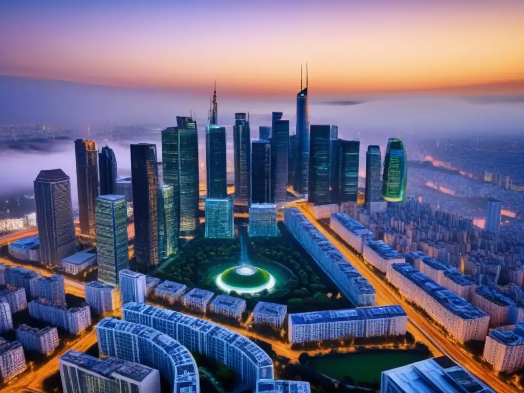 Horizonte urbano futurista al atardecer: metrópolis dinámica en crecimiento Un horizonte urbano futurista con rascacielos en un mercado inmobiliario internacional vanguardia