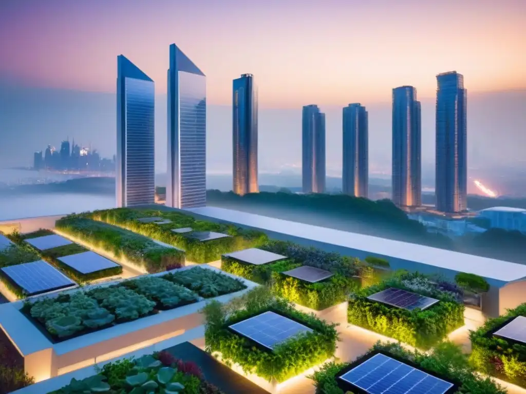 Cityscape futurista ecoamigable al anochecer Horizonte urbano futurista al anochecer con tecnología verde en desarrollo inmobiliario