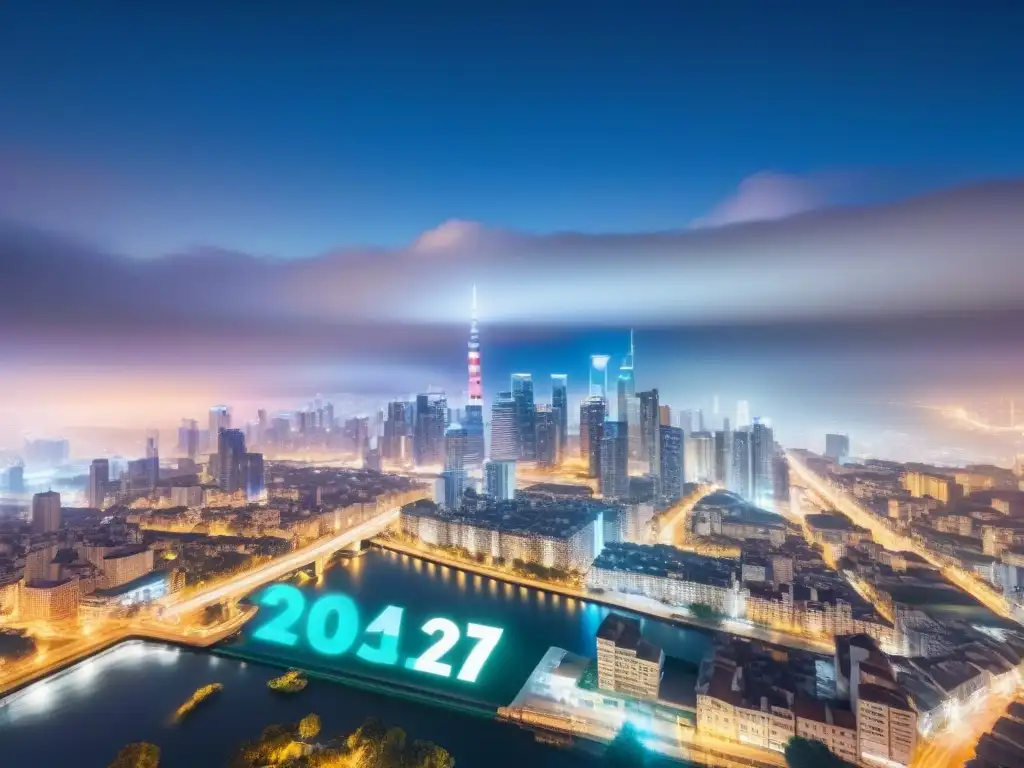 Metrópolis holográfica: revolución blockchain en bienes raíces Un horizonte urbano futurista con tecnología blockchain en mercado inmobiliario
