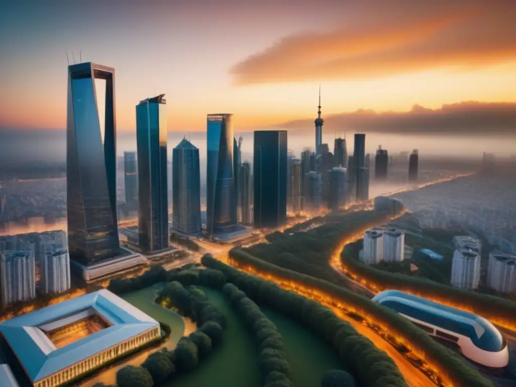 Horizonte urbano global: fusión arquitectónica y actividad vibrante Un horizonte urbano global con fusiones y adquisiciones inmobiliarias globales: arquitectura diversa bajo la cálida luz del atardecer