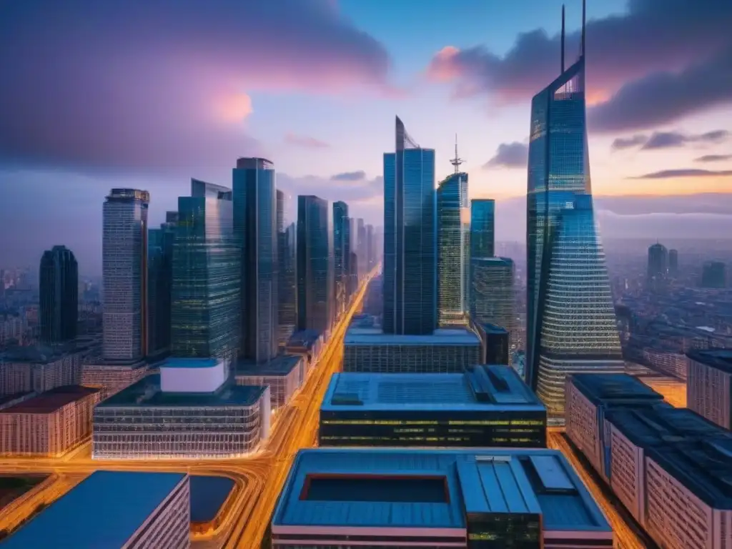 Horizonte urbano al atardecer: luces y vida en la ciudad Un horizonte urbano iluminado al anochecer, reflejando prosperidad y progreso en el mercado inmobiliario