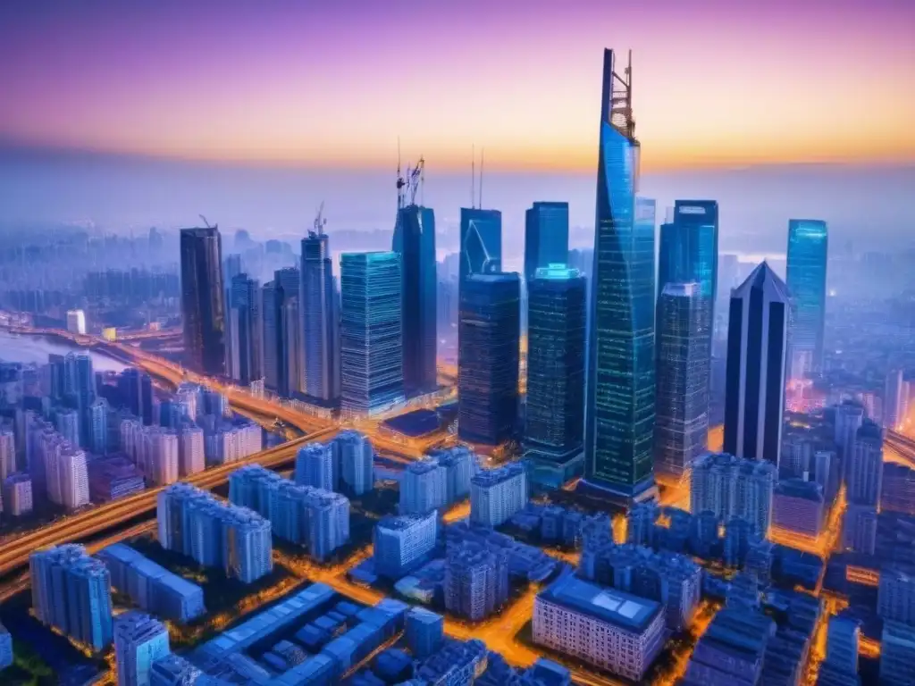 Skyline urbano: luces, conectividad y progreso global Un horizonte urbano iluminado al anochecer con rascacielos modernos