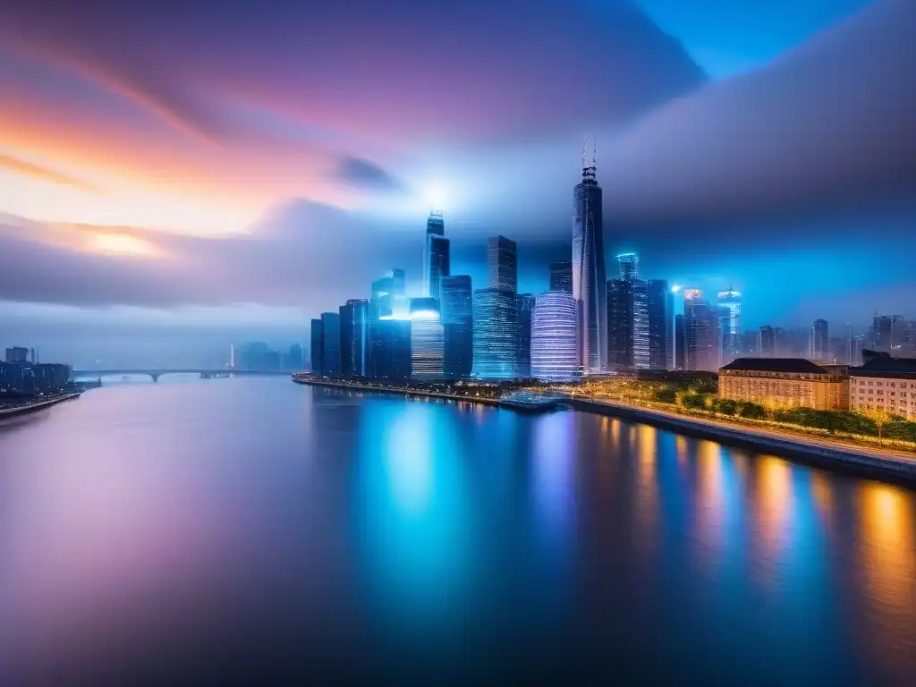Horizonte urbano al atardecer: metrópolis moderna en auge financiero global Horizonte urbano iluminado, reflejado en río, simbolizando recuperación económica en mercado inmobiliario internacional