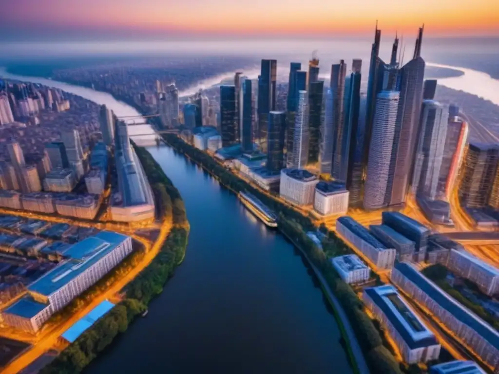 Espléndida vista aérea de la ciudad al atardecer Un horizonte urbano iluminado por el sol poniente, con rascacielos y luces nocturnas que reflejan el impacto de crisis económicas en el valor de propiedades