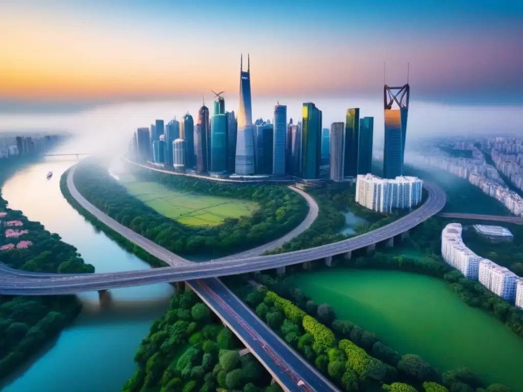 Horizonte urbano: ciudad moderna y naturaleza en armonía Un horizonte urbano impresionante con rascacielos y parques verdes, un río serpenteante y un atardecer dorado