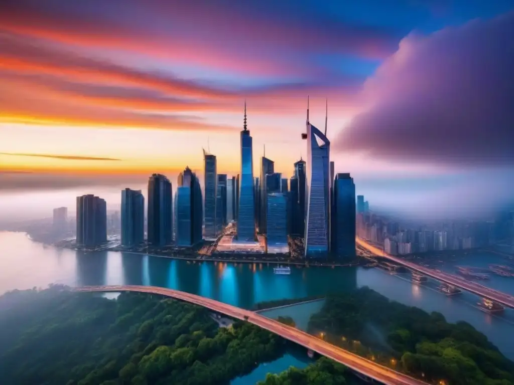 Horizonte urbano internacional con rascacielos de vidrio al atardecer, reflejando Seguros Propiedades Comerciales Internacionales