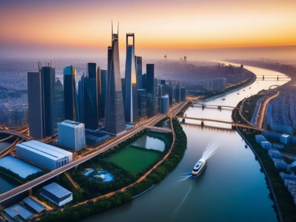 Inversiones inmobiliarias internacionales: ciudad moderna al atardecer Un horizonte urbano lleno de rascacielos, con puentes y autopistas, bañado por la luz dorada del atardecer