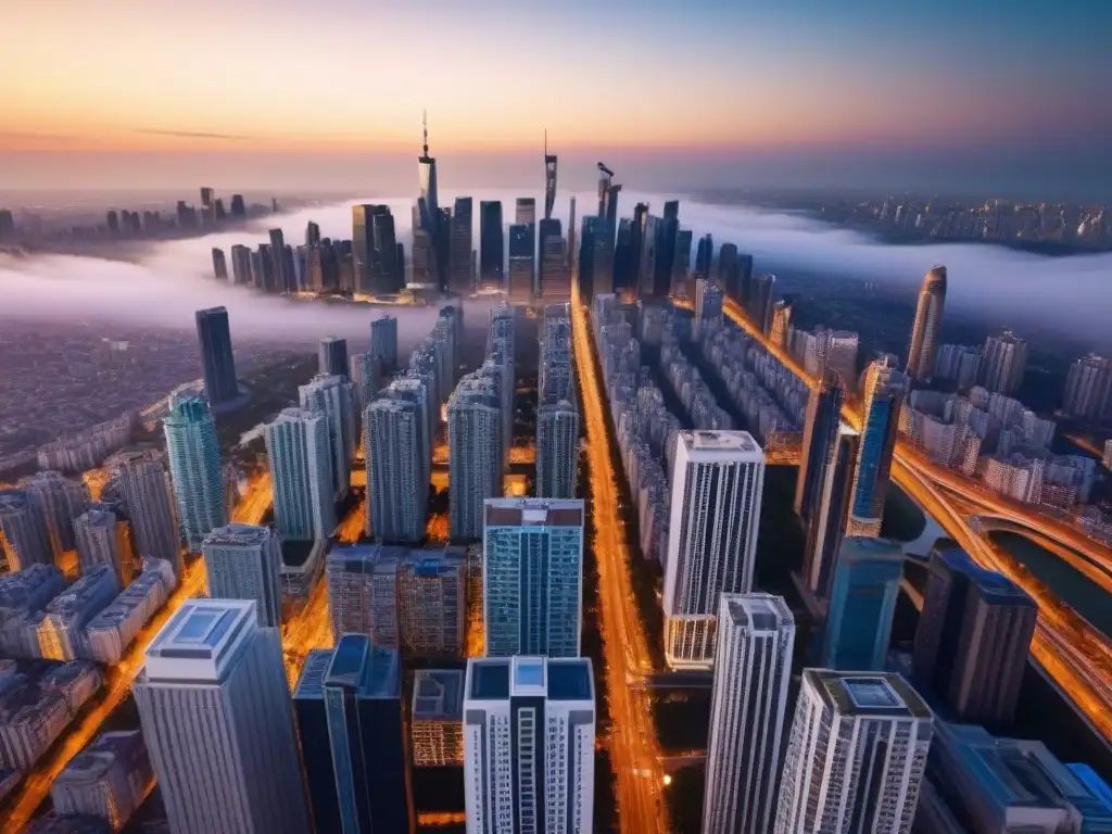 Espléndida vista aérea de una ciudad moderna al atardecer Un horizonte urbano lleno de rascacielos al atardecer, reflejando seguridad en zonas de terremotos