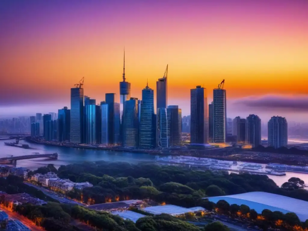 Skyline urbano al atardecer: oportunidades de inversión inmobiliaria Un horizonte urbano moderno al atardecer, con rascacielos elegantes reflejando los cálidos tonos del sol poniente, mostrando un paisaje urbano bullicioso lleno de oportunidades y potencial para inversiones inmobiliarias en crisis