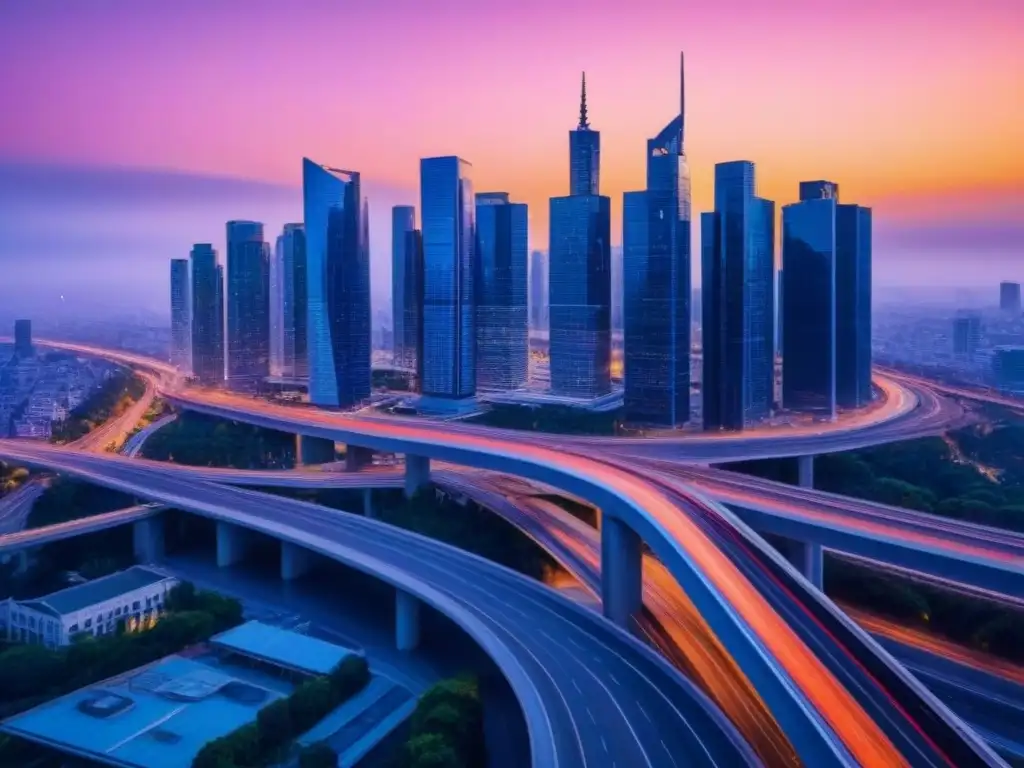 Horizonte urbano moderno al atardecer: reflejos de cristal y dinamismo Horizonte urbano moderno al atardecer con rascacielos y calles concurridas, simbolizando la política mercado inmobiliario internacional