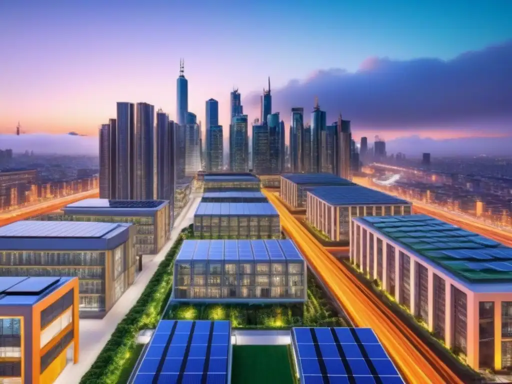Skyline moderno: edificios eficientes y sostenibles al atardecer Horizonte urbano moderno al atardecer con edificios eficientes energéticamente y normativas construcción eficiencia energética