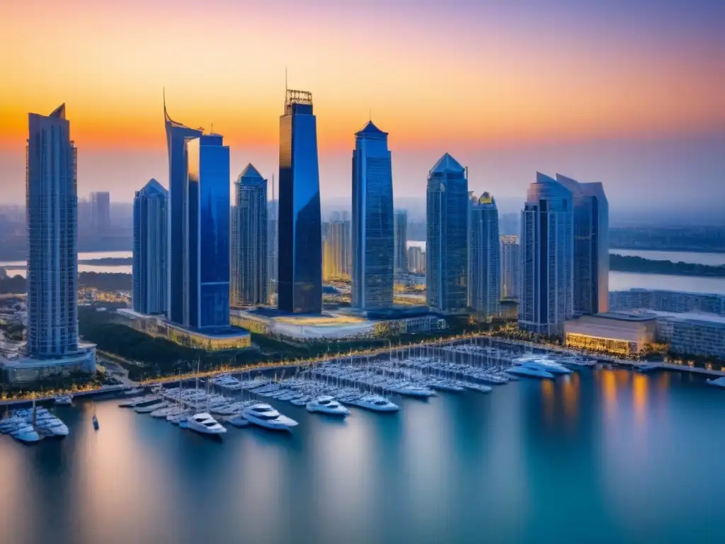 Horizonte urbano moderno al atardecer con rascacielos elegantes y yates de lujo, reflejando éxito en el mercado inmobiliario internacional