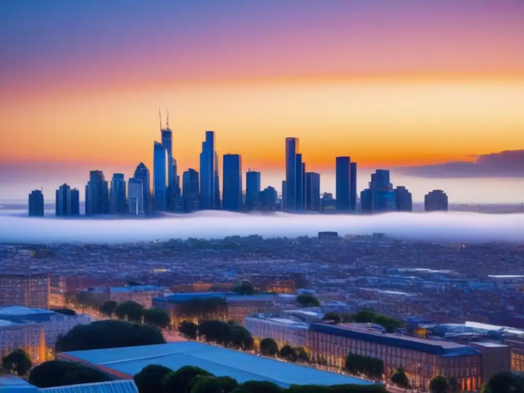 Horizonte urbano moderno al atardecer: éxito y crecimiento Un horizonte urbano moderno al atardecer, reflejando el sol en rascacielos