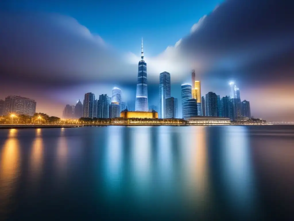 Cityscape moderno al atardecer: refinanciamiento global inmobiliario Horizonte urbano moderno al atardecer con rascacielos brillantes reflejados en el agua