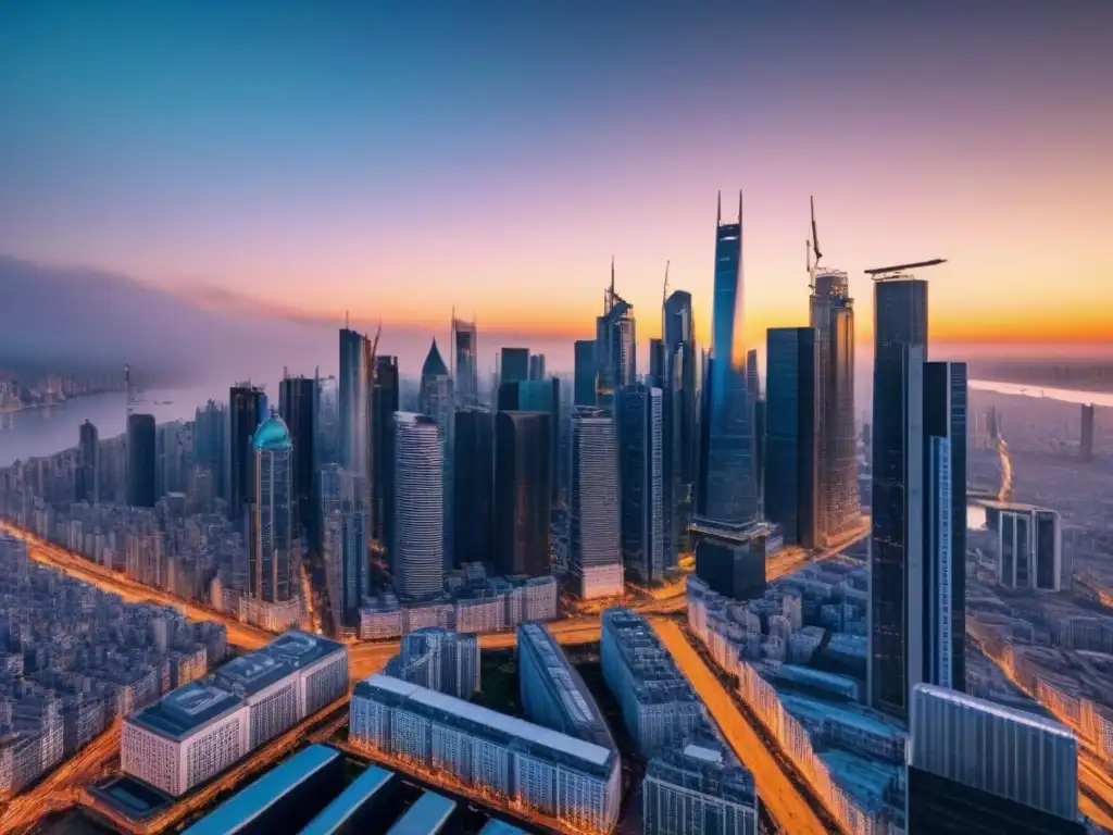 Horizonte urbano moderno en 8k: éxito global en crowdfunding inmobiliario Un horizonte urbano moderno en una bulliciosa ciudad internacional, iluminado por la puesta de sol