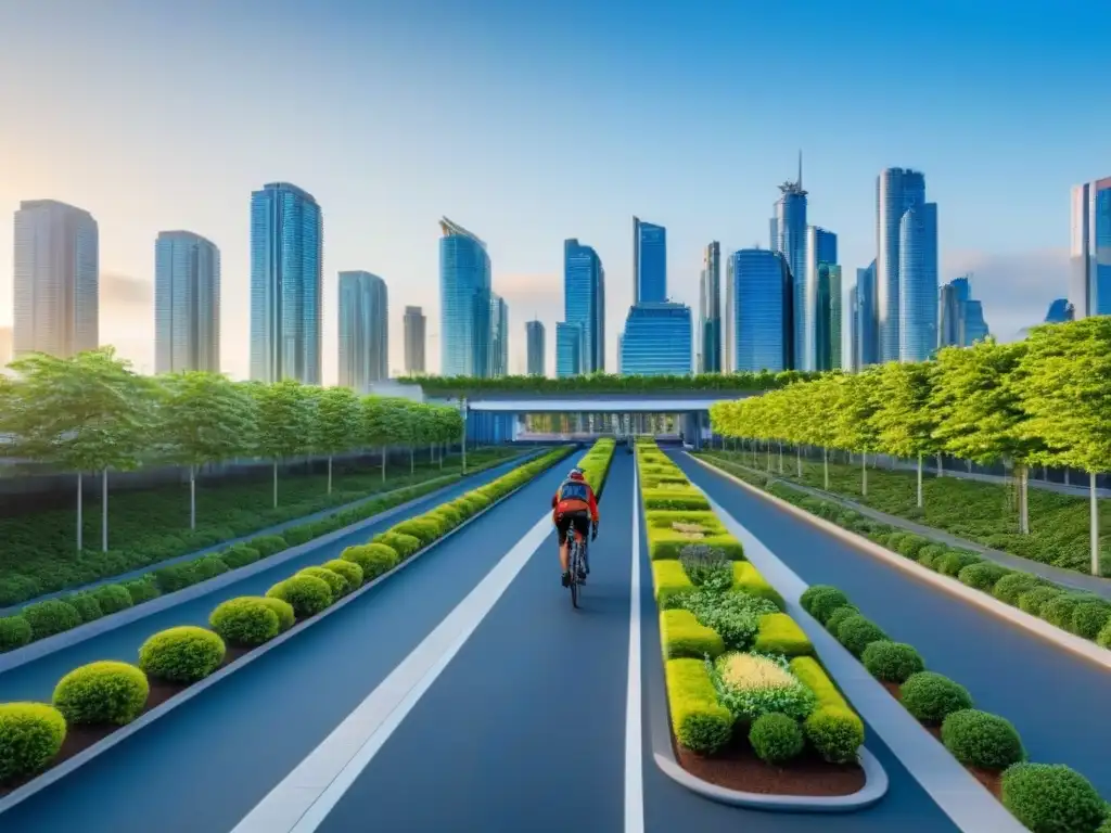 Skyline verde: diseño sostenible en la ciudad moderna Un horizonte urbano moderno con edificaciones verdes y diseño energéticamente eficiente, ilustrando una economía circular sostenible