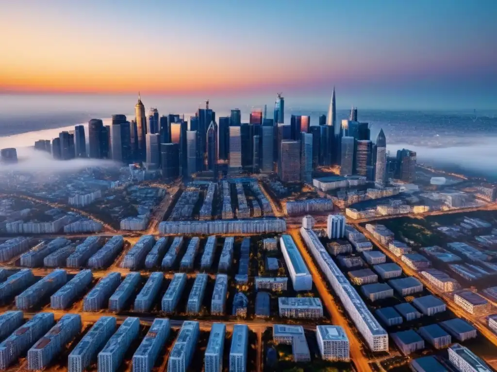 Horizonte urbano: inversión inmobiliaria en expansión Un horizonte urbano moderno iluminado por el sol con estrategias ROI marketing inmobiliario