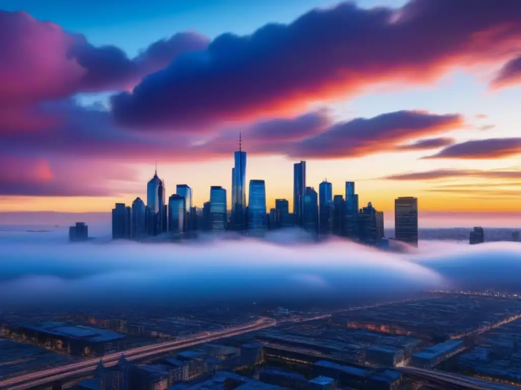 Horizonte urbano moderno: vibrante ciudad al atardecer Un horizonte urbano moderno iluminado por luces vibrantes al anochecer, reflejando las mejores inversiones inmobiliarias inflación