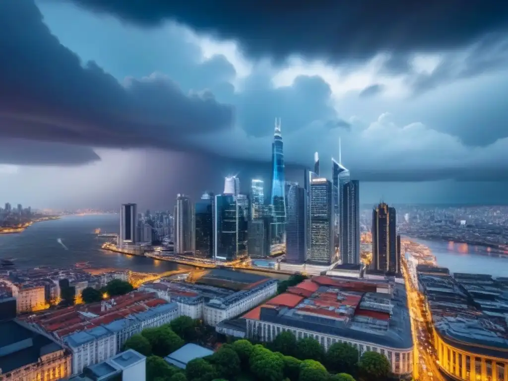 Metrópolis moderna: skyline en 8k con cielos tormentosos 'Horizonte urbano moderno iluminado por luces vibrantes, contrastando con un cielo tormentoso