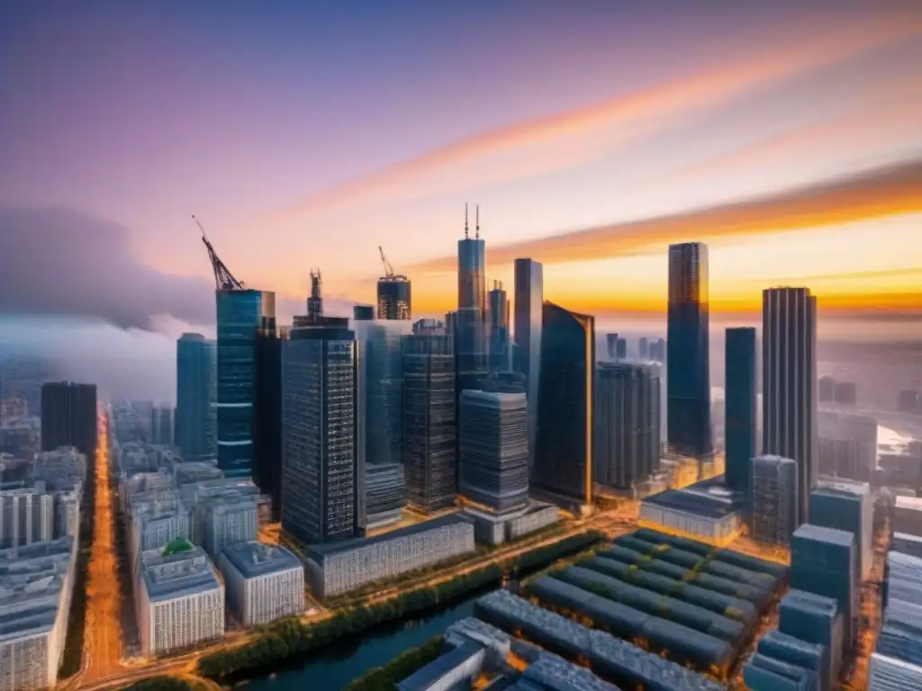 Horizonte urbano al atardecer: innovación en inversiones inmobiliarias Un horizonte urbano moderno iluminado por el atardecer dorado, con un edificio de oficinas digitalizado