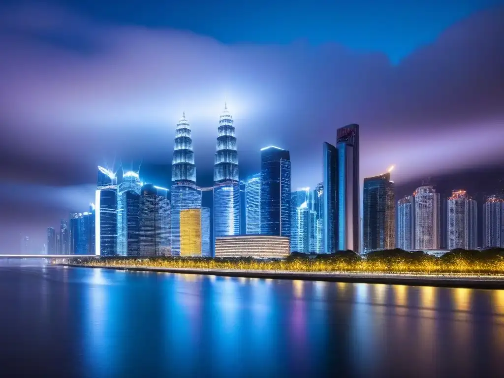 Skyline nocturno: símbolo de prosperidad económica y seguridad legal Un horizonte urbano moderno iluminado de noche, reflejado en un río tranquilo