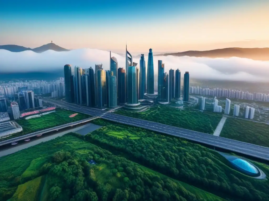 Metrópolis moderna en armonía: rascacielos y naturaleza en 8k Un horizonte urbano moderno en armonía con la naturaleza, ideal para un artículo sobre seguros de propiedades en riesgo