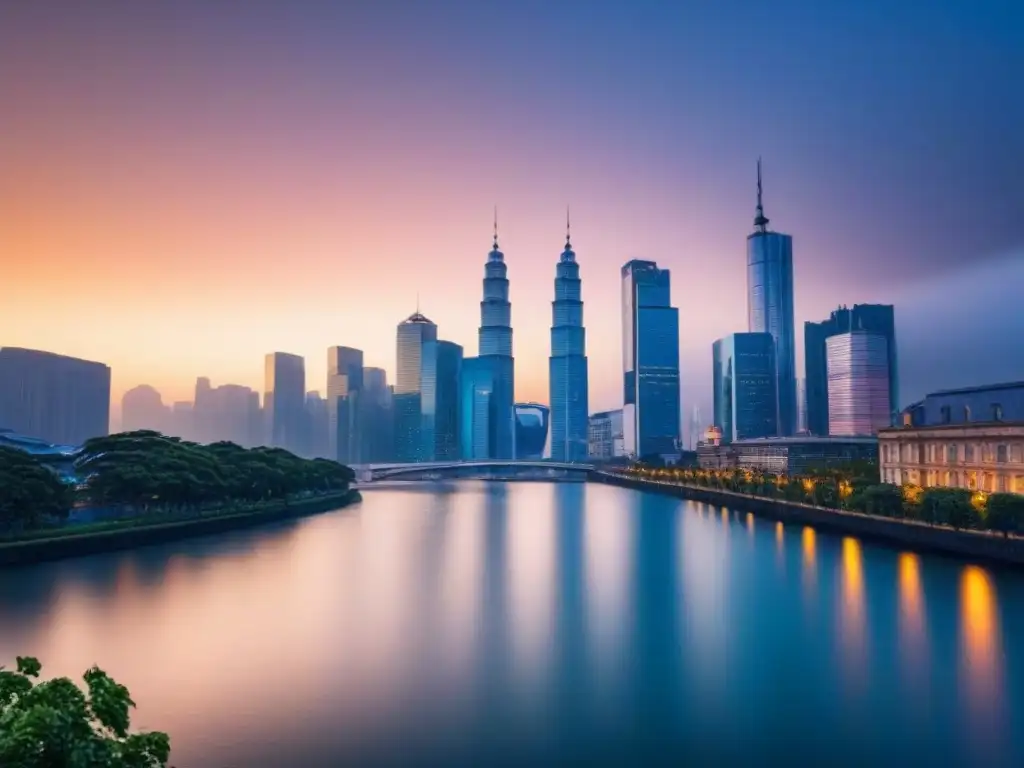 Horizonte urbano moderno al anochecer: inversión en REIT Horizonte urbano moderno al anochecer, rascacielos iluminados reflejados en un río, simbolizando el potencial de estrategias ingresos pasivos REITs