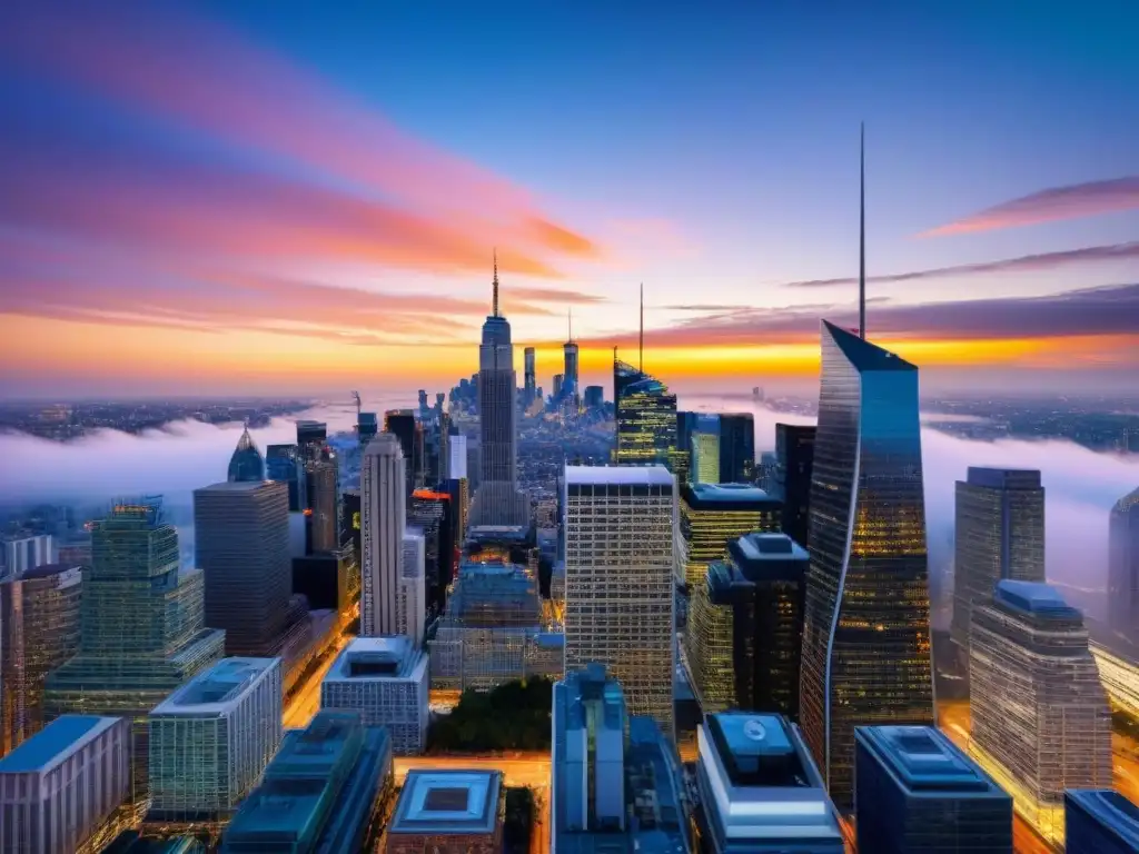 Inversiones inmobiliarias REIT: horizonte urbano vibrante Un horizonte urbano moderno con rascacielos del distrito financiero lleno de propiedades icónicas de Oportunidades REITs mercado inmobiliario