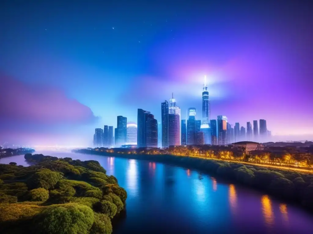 Horizonte urbano nocturno: luces vibrantes en río sereno Un horizonte urbano moderno al anochecer con rascacielos iluminados por luces vibrantes, reflejadas en un río tranquilo