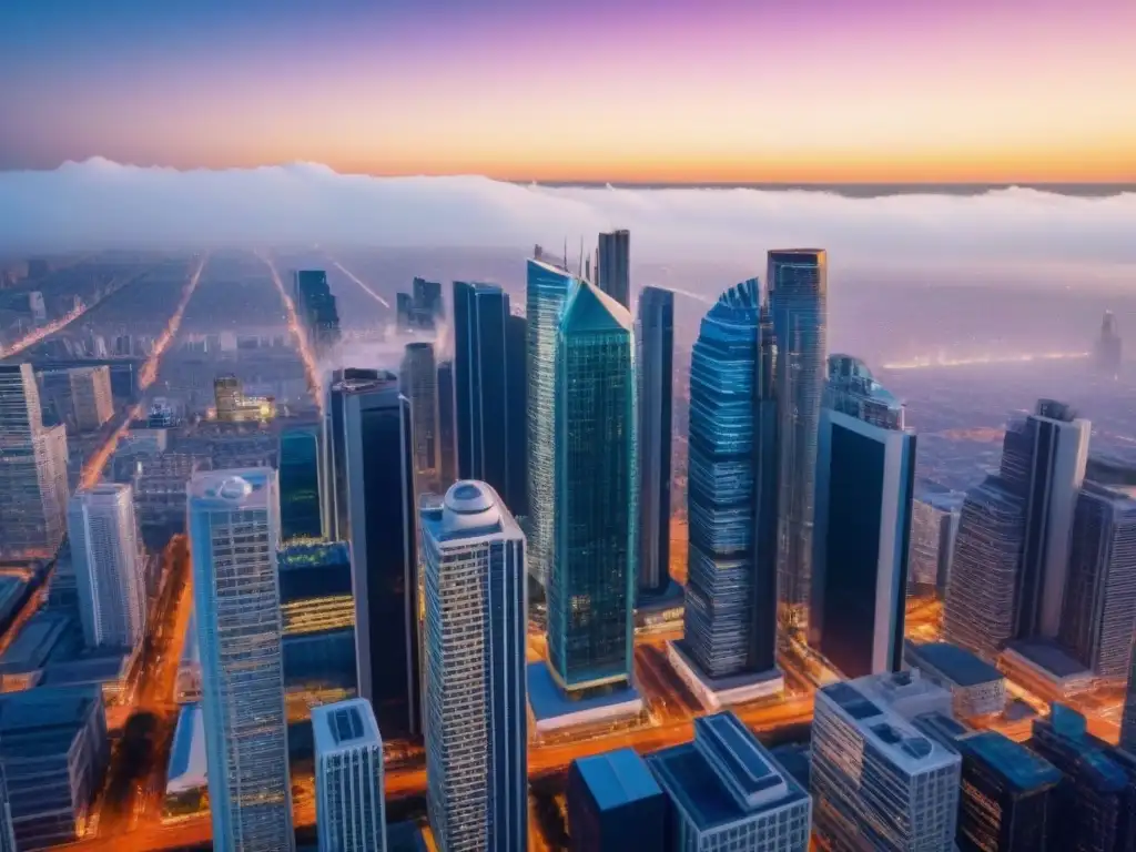 Vibrante mercado inmobiliario internacional: oportunidades de inversión Un horizonte urbano moderno con rascacielos y edificios comerciales, reflejo del vibrante mercado inmobiliario internacional