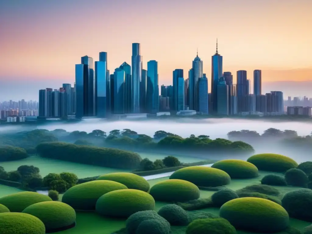 Skyline sostenible: modernidad y naturaleza en armonía Un horizonte urbano moderno con rascacielos y un parque verde, reflejando normativas ambientales e inversión inmobiliaria