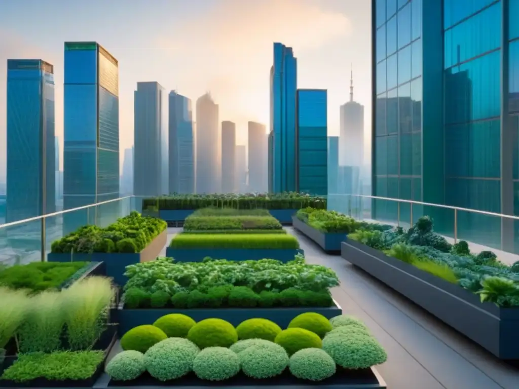 Horizonte sostenible: metrópolis verde al atardecer Horizonte urbano moderno al anochecer con rascacielos verdes y normativas ambientales desarrollo urbano global