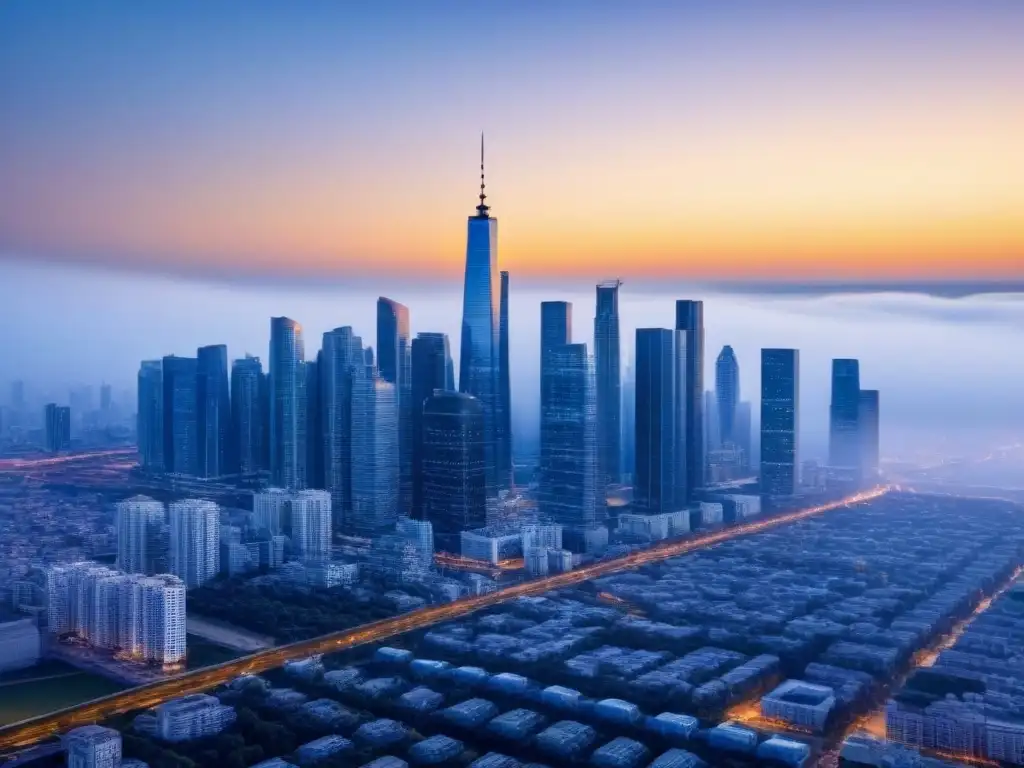 Horizonte urbano resiliente: protección sísmica en ciudad moderna Un horizonte urbano moderno con rascacielos elegantes y un diseño futurista resistente a terremotos, simbolizando seguridad en zonas sísmicas