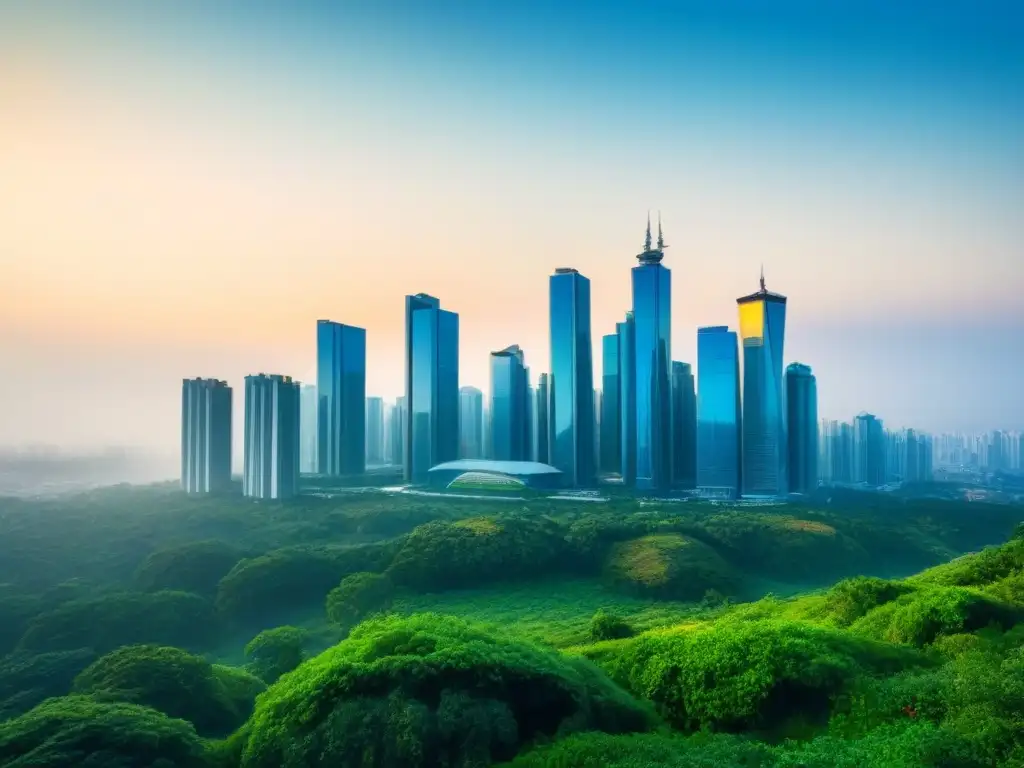 Horizonte urbano sostenible: armonía entre inversión inmobiliaria y medio ambiente Horizonte urbano moderno con rascacielos innovadores y sostenibles, rodeado de vegetación exuberante y cielos azules, simbolizando el equilibrio armonioso entre la inversión inmobiliaria y la legislación ambiental en el mercado internacional
