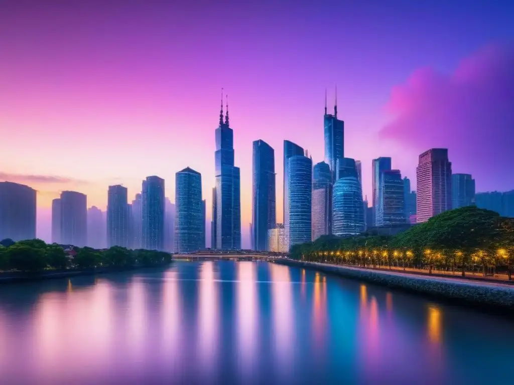 Horizonte urbano futurista al anochecer: luces vibrantes y serenidad Horizonte urbano moderno al anochecer, con rascacielos iluminados y reflejos de luces coloridas en un río tranquilo