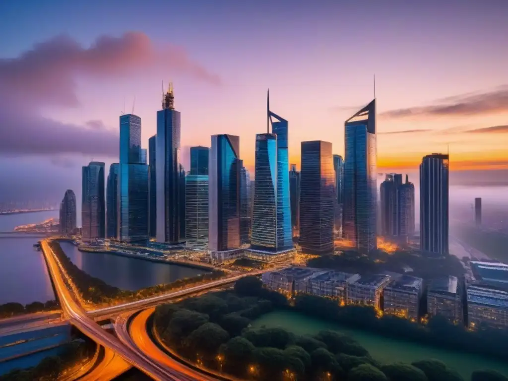 Horizonte urbano de rascacielos modernos al anochecer Horizonte urbano moderno con rascacielos iluminados, reflejo del mercado inmobiliario internacional de fusiones y adquisiciones