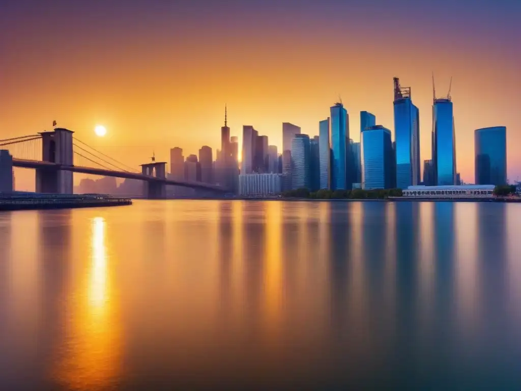 Horizonte urbano global: fusiones inmobiliarias al atardecer Horizonte urbano moderno con rascacielos reflejando los colores vibrantes de un atardecer, simbolizando regulaciones globales M&A inmobiliarias